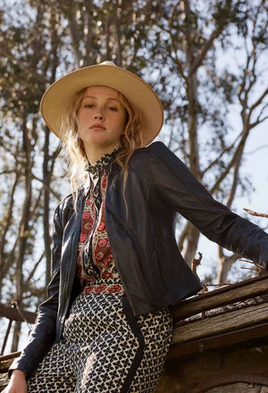 ONCE WAS Blaire Leather Herringbone Stitch Jacket - Black Jacket - Zabecca Living