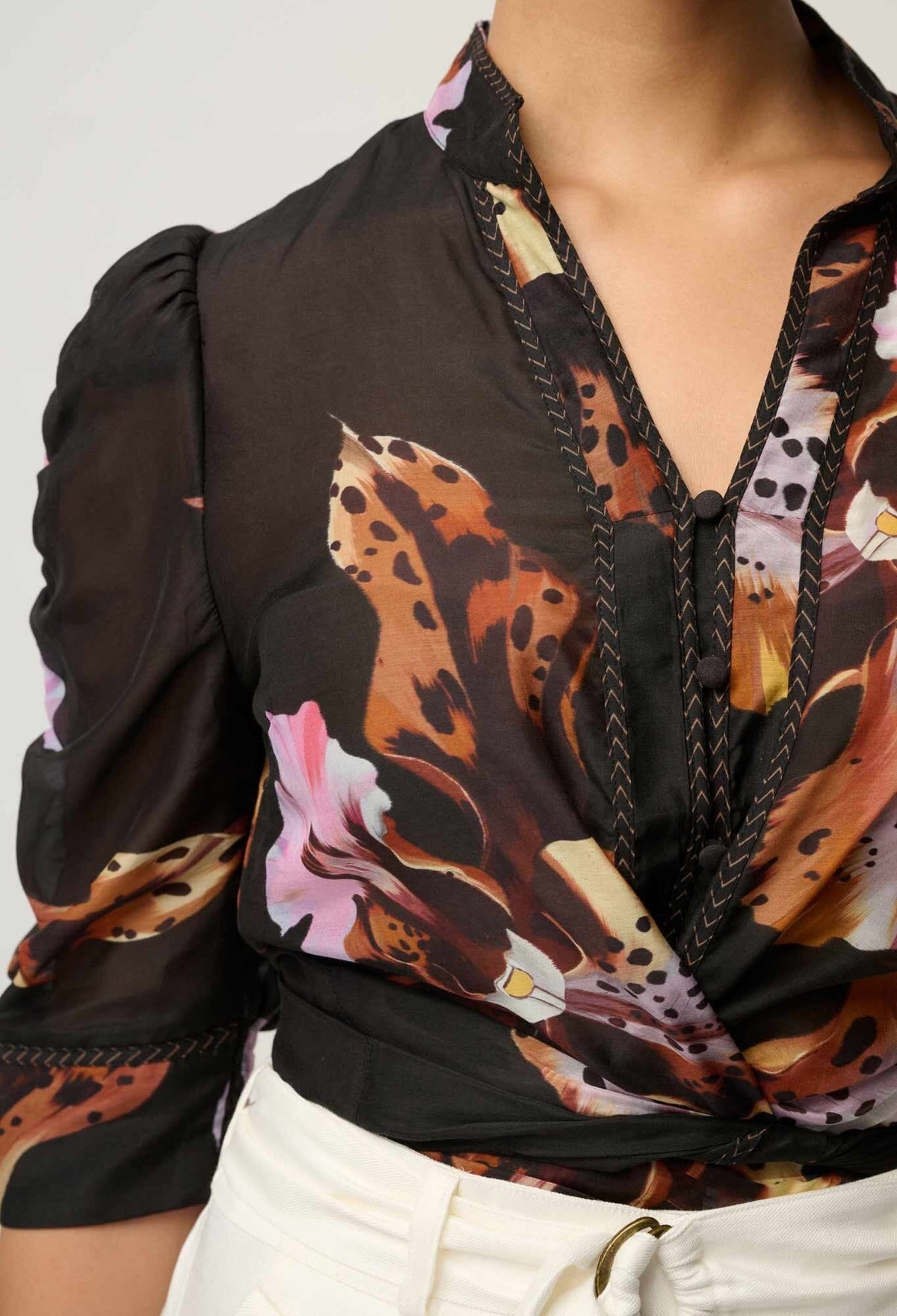 ONCE WAS Calantha Cotton Silk Contrast Trim Ruched Sleeve Shirt - Sunset Orchid Shirts & Blouses - Zabecca Living