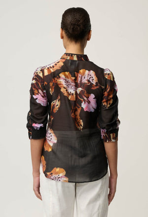 ONCE WAS Calantha Cotton Silk Contrast Trim Ruched Sleeve Shirt - Sunset Orchid Shirts & Blouses - Zabecca Living