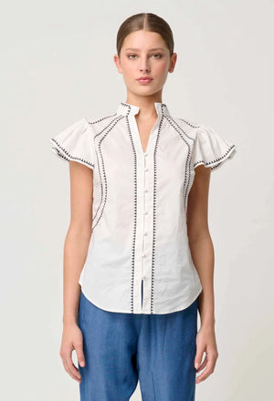 ONCE WAS Carlyle Embroidered Cotton Voile Top - Ivory Shirts & Blouses - Zabecca Living