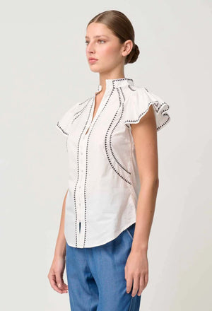 ONCE WAS Carlyle Embroidered Cotton Voile Top - Ivory Shirts & Blouses - Zabecca Living