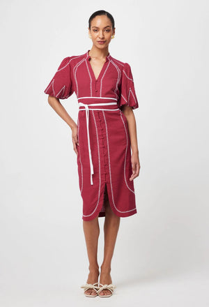 ONCE WAS Carlyle Placement Linen Viscose Dress - Crimson Dress - Zabecca Living