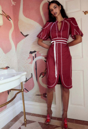 ONCE WAS Carlyle Placement Linen Viscose Dress - Crimson Dress - Zabecca Living
