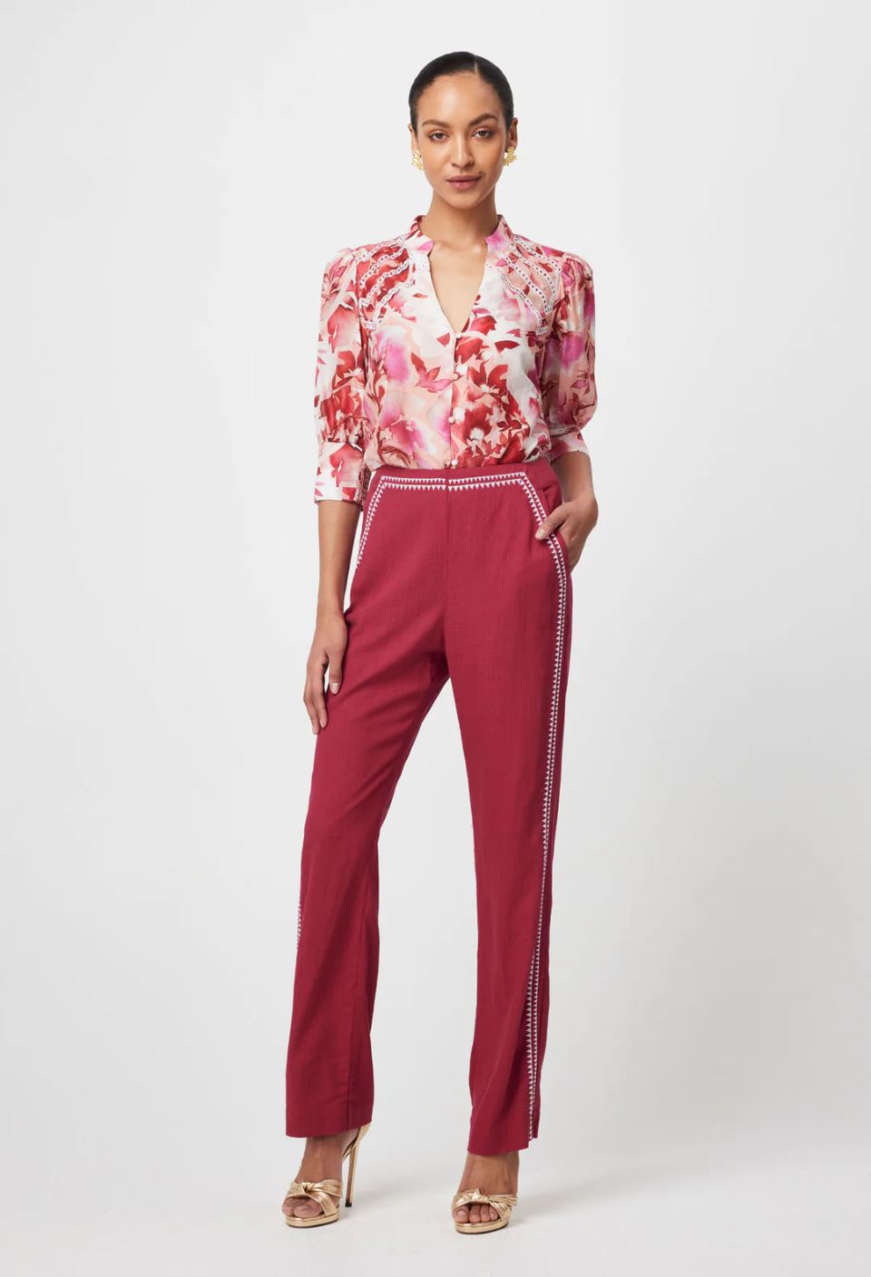 ONCE WAS Carlyle Placement Linen Viscose Pant - Crimson PANTS - Zabecca Living