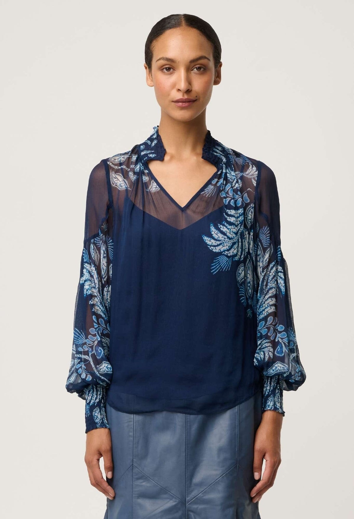 ONCE WAS Colette Viscose Chiffon Print Shirred Collar Blouse - Moonlit Batik Shirts & Blouses - Zabecca Living