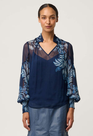 ONCE WAS Colette Viscose Chiffon Print Shirred Collar Blouse - Moonlit Batik Shirts & Blouses - Zabecca Living