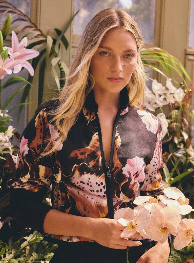 ONCE WAS Delray Reversible Printed Linen Viscose & Placement Embroidered Jacket - Sunset Orchid/Noir Orchid Jacket - Zabecca Living