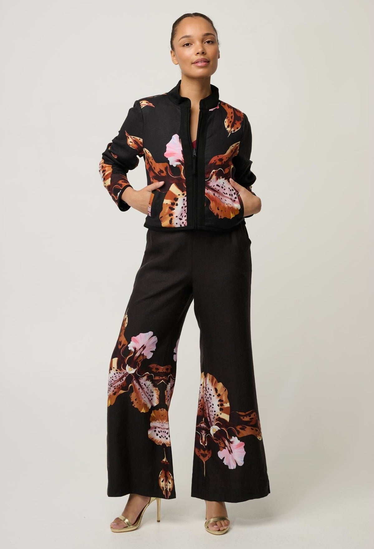 ONCE WAS Delray Reversible Printed Linen Viscose & Placement Embroidered Jacket - Sunset Orchid/Noir Orchid Jacket - Zabecca Living