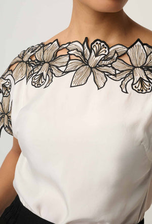 ONCE WAS Eleanor Cupro Blend Embroidery Detail Wide Neck Top - Ivory Shirts & Blouses - Zabecca Living