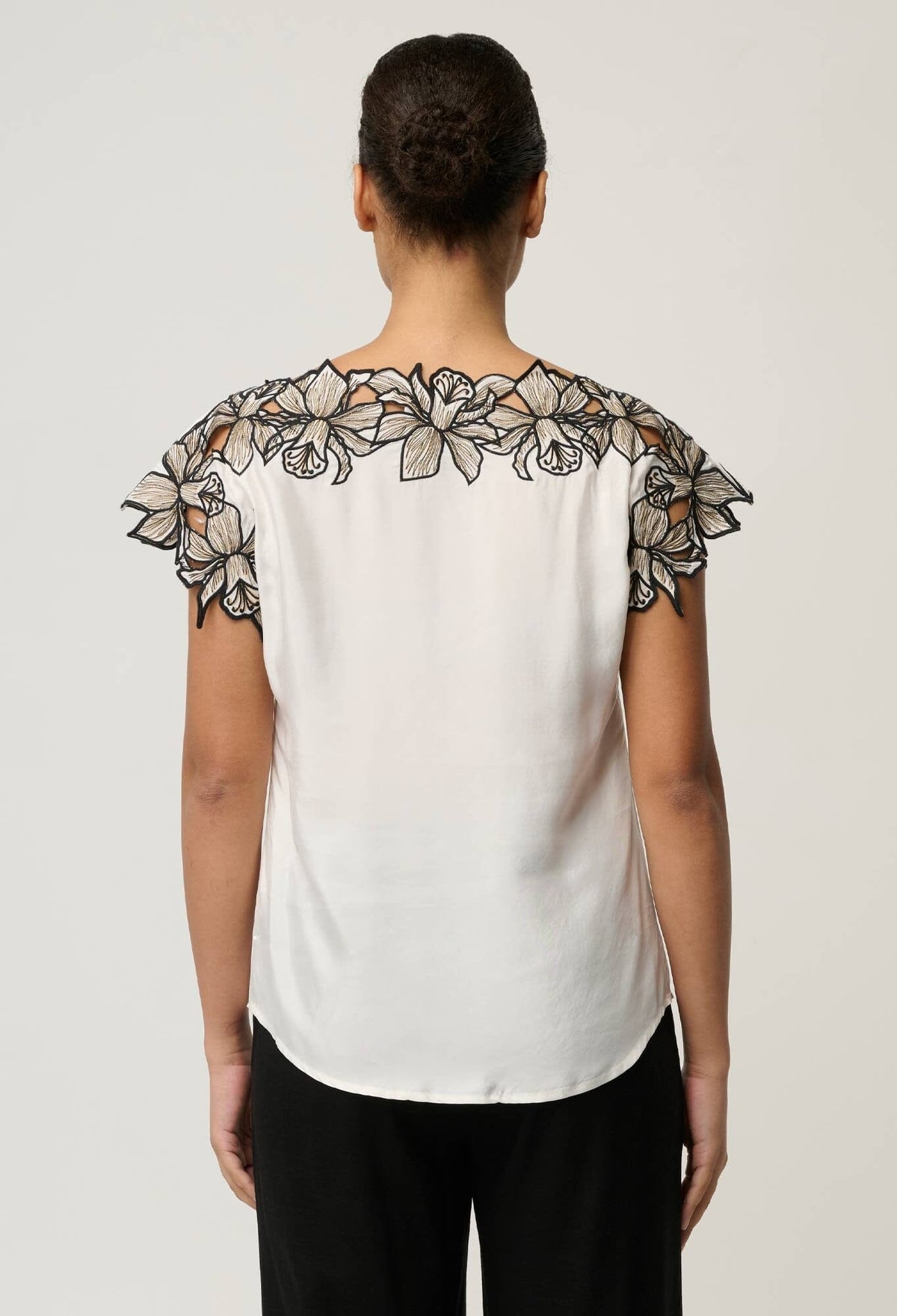 ONCE WAS Eleanor Cupro Blend Embroidery Detail Wide Neck Top - Ivory Shirts & Blouses - Zabecca Living