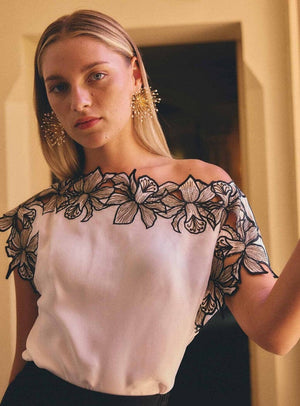 ONCE WAS Eleanor Cupro Blend Embroidery Detail Wide Neck Top - Ivory Shirts & Blouses - Zabecca Living