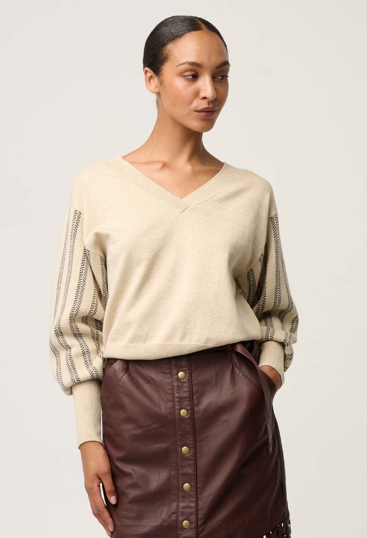 ONCE WAS Elsie Cotton Cashmere Blend V Neck Jacquard Knit - Cream Braid Jumpers + Knitwear - Zabecca Living