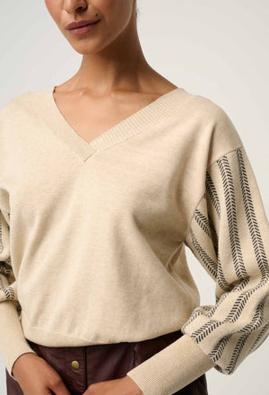 ONCE WAS Elsie Cotton Cashmere Blend V Neck Jacquard Knit - Cream Braid Jumpers + Knitwear - Zabecca Living
