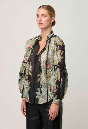 ONCE WAS Espada Cotton Silk Blouse - Mariposa Nero Shirts & Blouses - Zabecca Living
