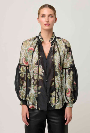 ONCE WAS Espada Cotton Silk Blouse - Mariposa Nero Shirts & Blouses - Zabecca Living