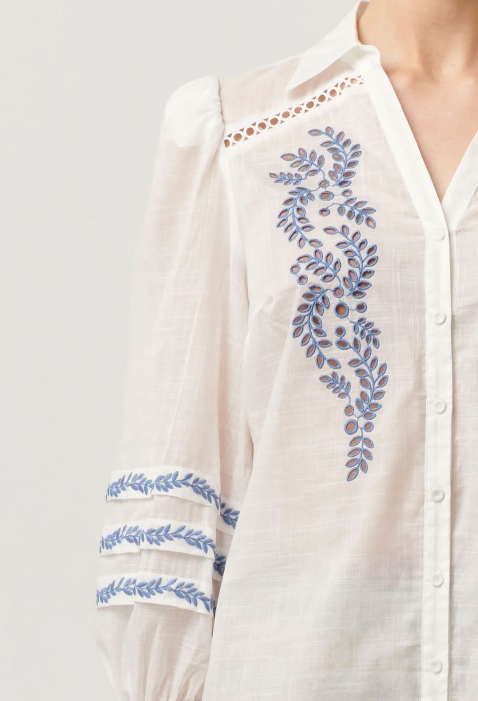 ONCE WAS Fleurine Embroidered Cotton Slub Shirt - Milk Shirts & Blouses - Zabecca Living