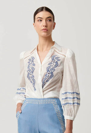 ONCE WAS Fleurine Embroidered Cotton Slub Shirt - Milk Shirts & Blouses - Zabecca Living
