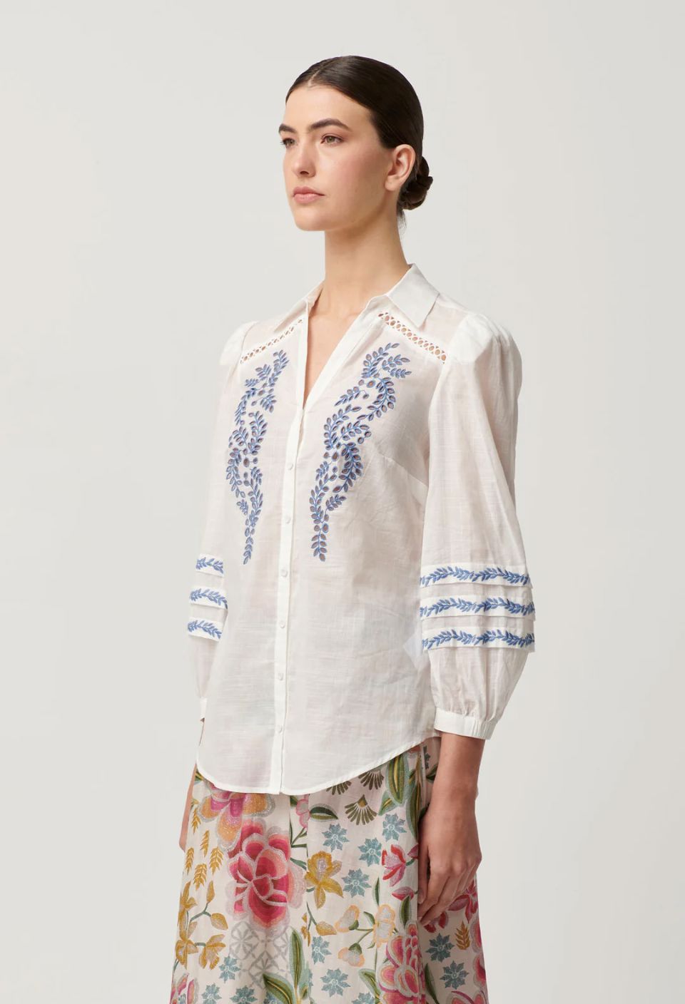 ONCE WAS Fleurine Embroidered Cotton Slub Shirt - Milk Shirts & Blouses - Zabecca Living