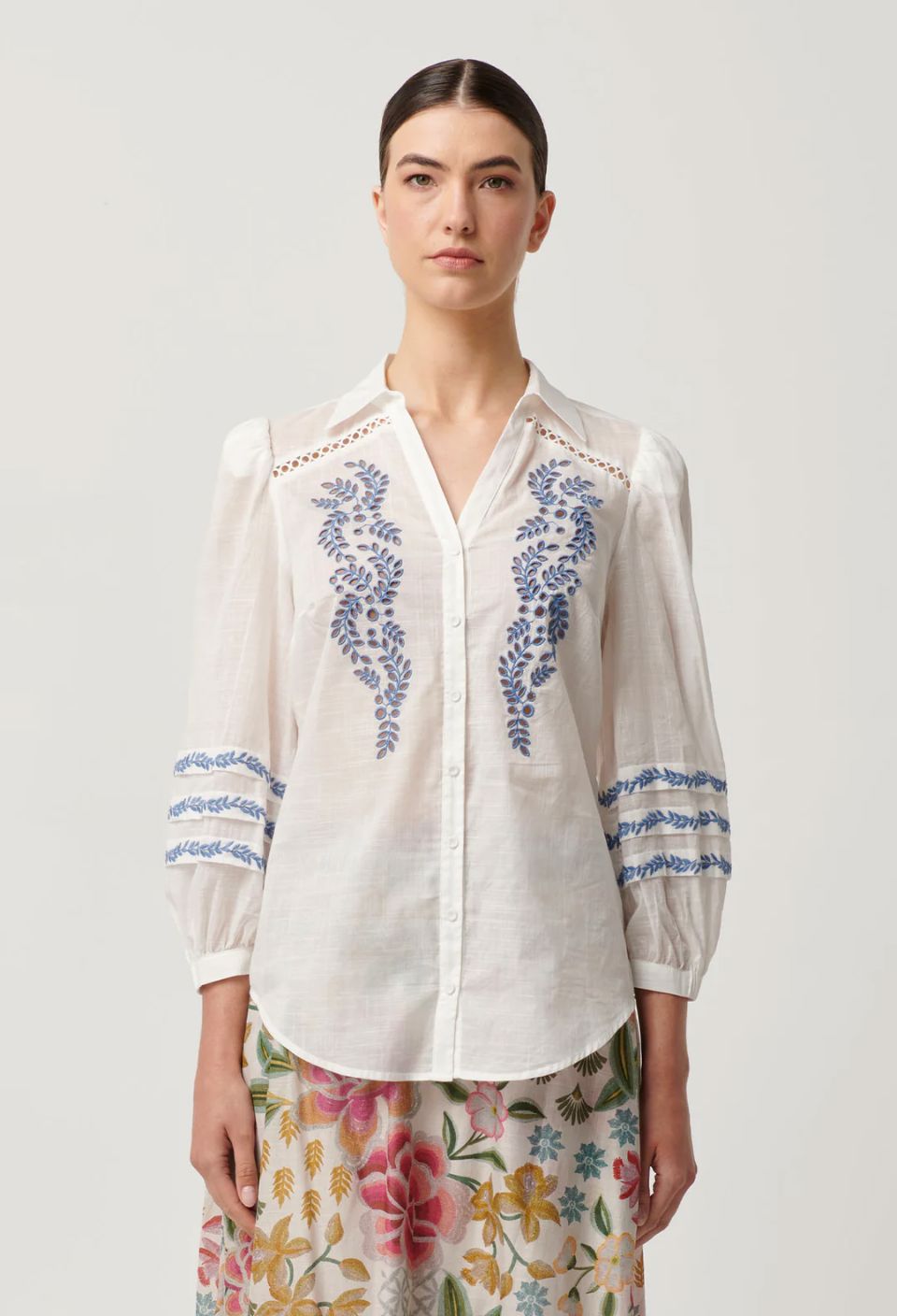 ONCE WAS Fleurine Embroidered Cotton Slub Shirt - Milk Shirts & Blouses - Zabecca Living