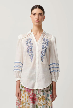 ONCE WAS Fleurine Embroidered Cotton Slub Shirt - Milk Shirts & Blouses - Zabecca Living