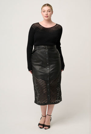 ONCE WAS Hypnotic Leather Custom Laser Midi Skirt - Black Lattice Skirt - Zabecca Living