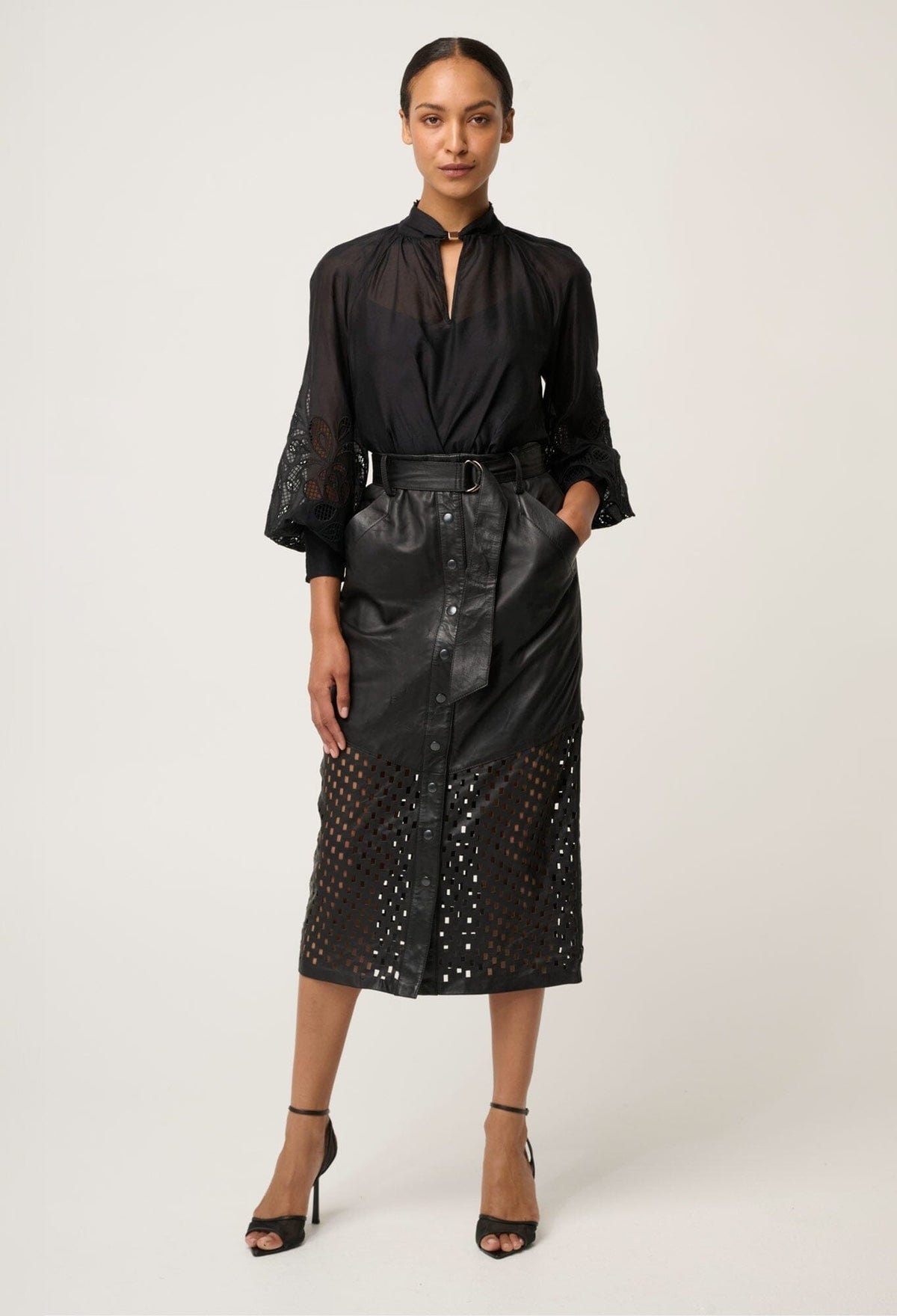 ONCE WAS Hypnotic Leather Custom Laser Midi Skirt - Black Lattice Skirt - Zabecca Living
