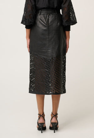 ONCE WAS Hypnotic Leather Custom Laser Midi Skirt - Black Lattice Skirt - Zabecca Living