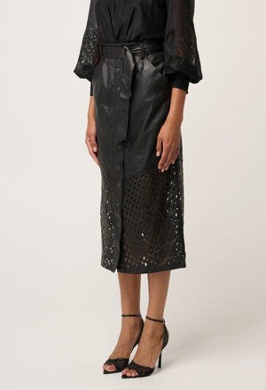 ONCE WAS Hypnotic Leather Custom Laser Midi Skirt - Black Lattice Skirt - Zabecca Living