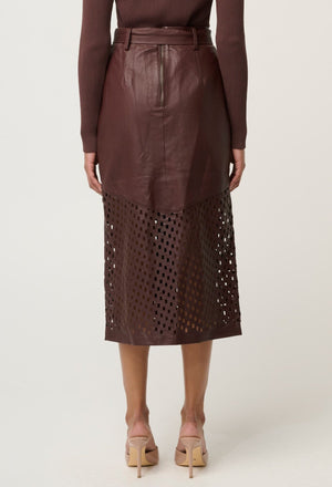 ONCE WAS Hypnotic Leather Custom Laser Midi Skirt - Oxblood Lattice Skirt - Zabecca Living
