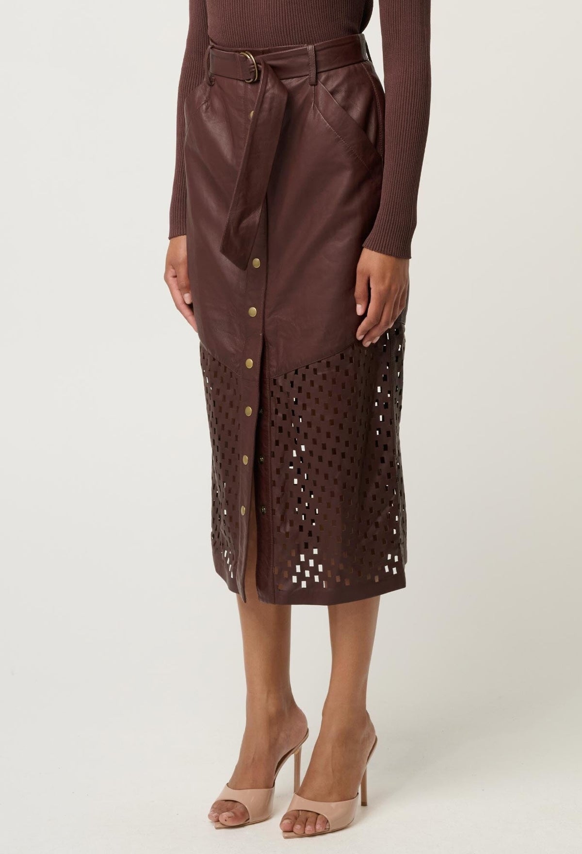 ONCE WAS Hypnotic Leather Custom Laser Midi Skirt - Oxblood Lattice Skirt - Zabecca Living