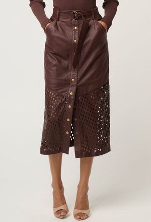 ONCE WAS Hypnotic Leather Custom Laser Midi Skirt - Oxblood Lattice Skirt - Zabecca Living