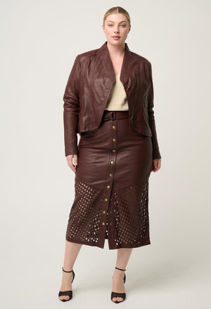 ONCE WAS Hypnotic Leather Custom Laser Midi Skirt - Oxblood Lattice Skirt - Zabecca Living