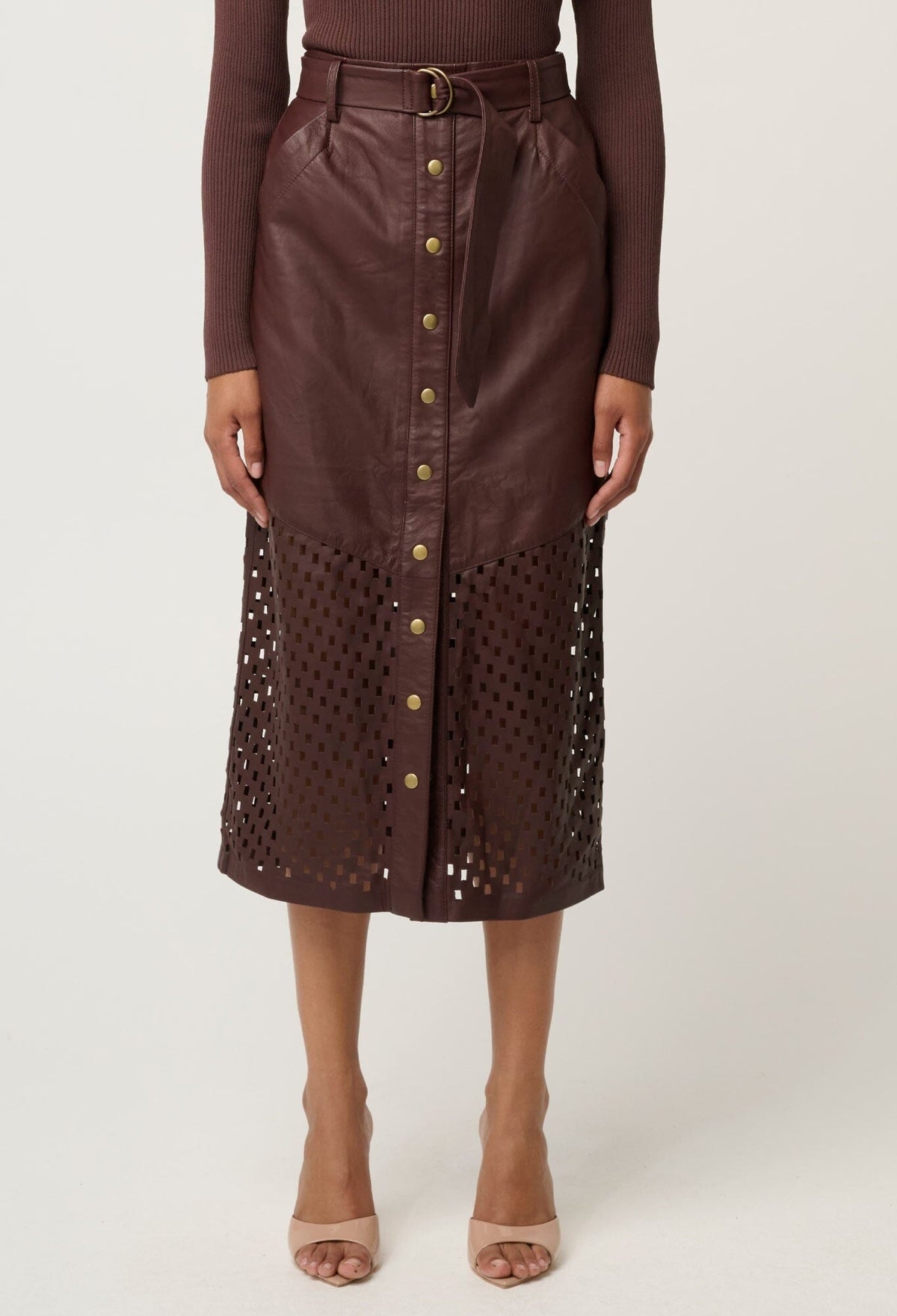 ONCE WAS Hypnotic Leather Custom Laser Midi Skirt - Oxblood Lattice Skirt - Zabecca Living