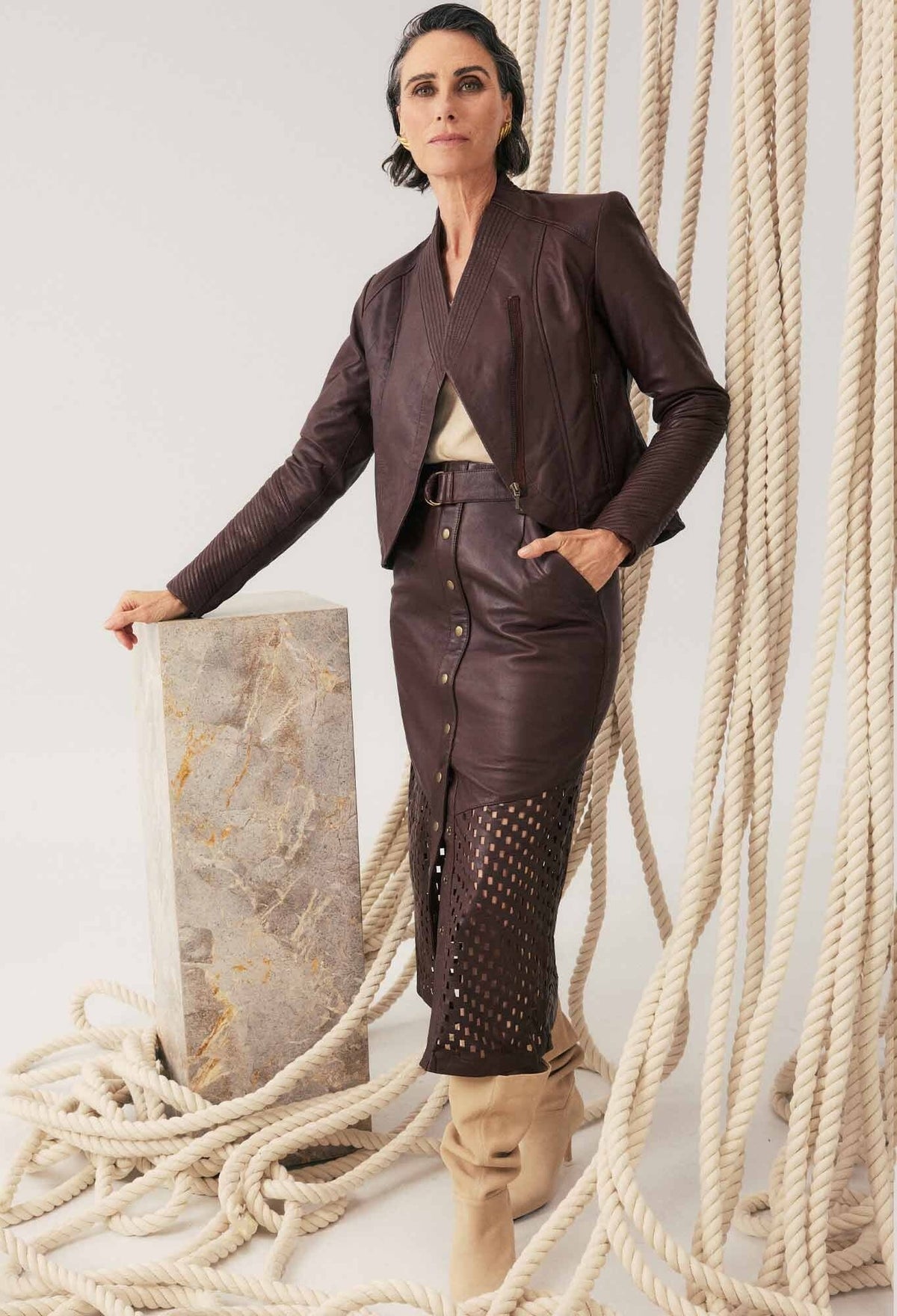 ONCE WAS Hypnotic Leather Custom Laser Midi Skirt - Oxblood Lattice Skirt - Zabecca Living