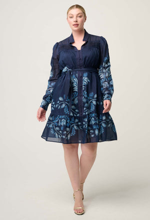 ONCE WAS Lanae Cotton Silk Print Ruched Sleeve Dress - Moonlit Batik Dress - Zabecca Living