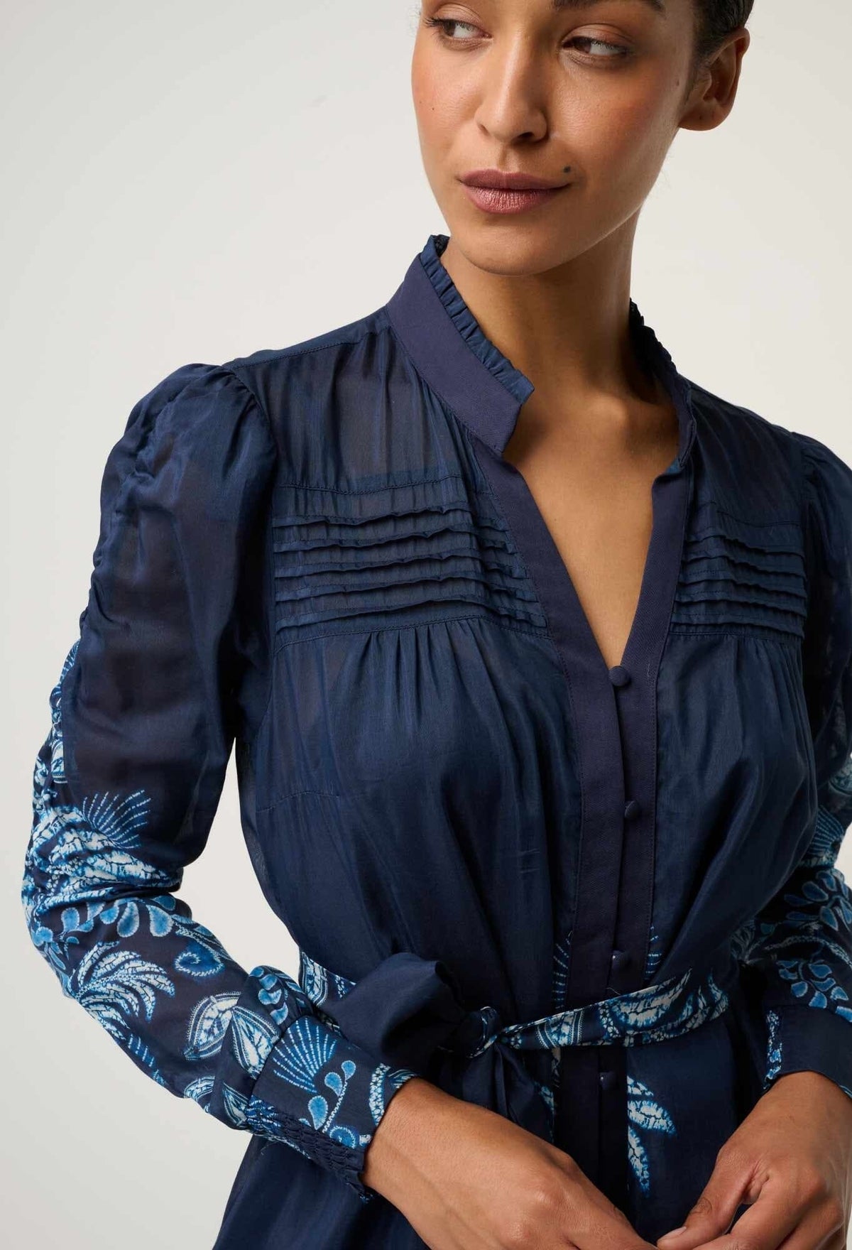 ONCE WAS Lanae Cotton Silk Print Ruched Sleeve Dress - Moonlit Batik Dress - Zabecca Living