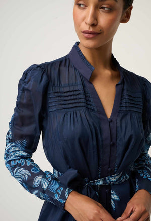 ONCE WAS Lanae Cotton Silk Print Ruched Sleeve Dress - Moonlit Batik Dress - Zabecca Living