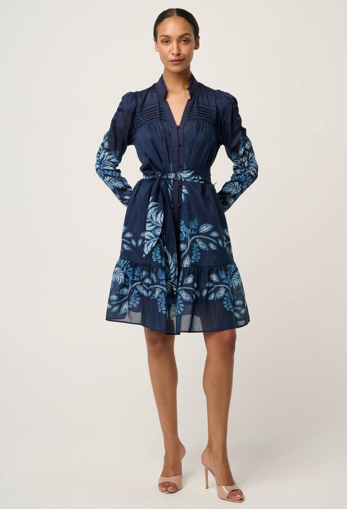 ONCE WAS Lanae Cotton Silk Print Ruched Sleeve Dress - Moonlit Batik Dress - Zabecca Living