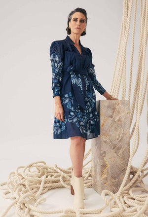 ONCE WAS Lanae Cotton Silk Print Ruched Sleeve Dress - Moonlit Batik Dress - Zabecca Living