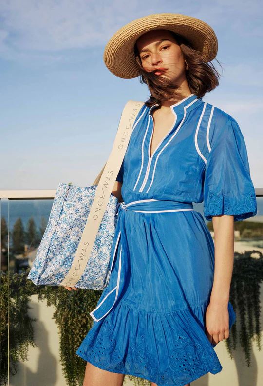 ONCE WAS Lucia Embroidered Cotton Silk Dress - Azure Dress - Zabecca Living