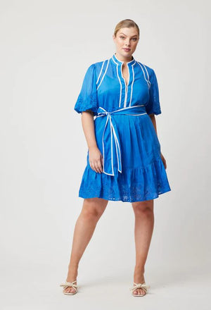 ONCE WAS Lucia Embroidered Cotton Silk Dress - Azure Dress - Zabecca Living