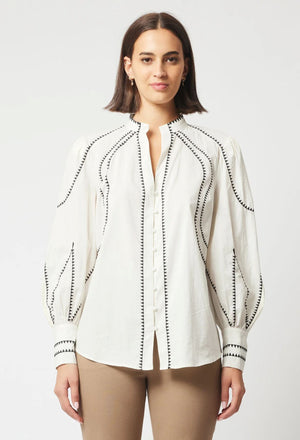 ONCE WAS Meridian Embroidered Cotton Shirt - Porcelain Shirts & Blouses - Zabecca Living