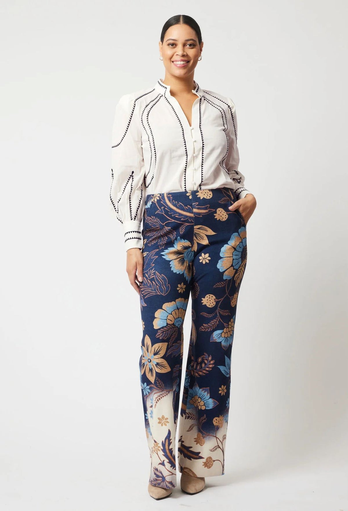 ONCE WAS Meridian Embroidered Cotton Shirt - Porcelain Shirts & Blouses - Zabecca Living