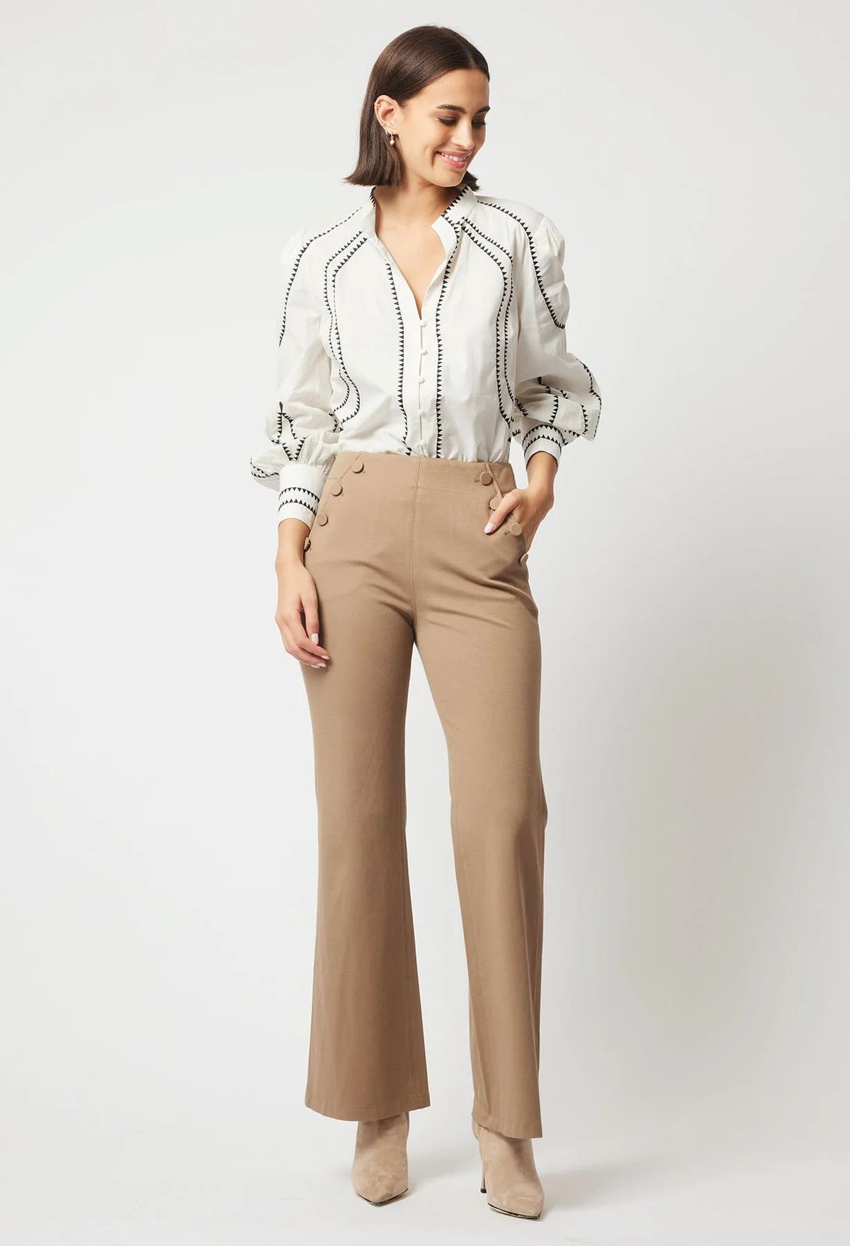 ONCE WAS Meridian Embroidered Cotton Shirt - Porcelain Shirts & Blouses - Zabecca Living