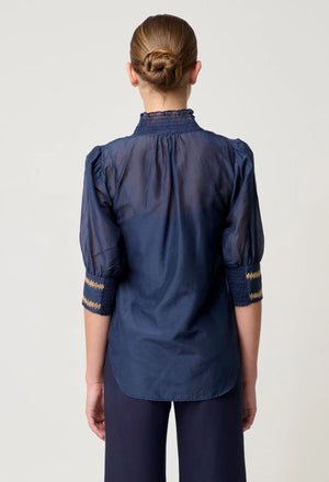 ONCE WAS Mustique Cotton Silk Embroidered Blouse - Ink Shirts & Blouses - Zabecca Living
