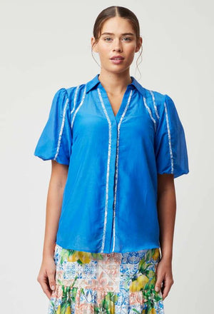 ONCE WAS Nerano Cotton Silk Shirt - Azure Shirts & Blouses - Zabecca Living
