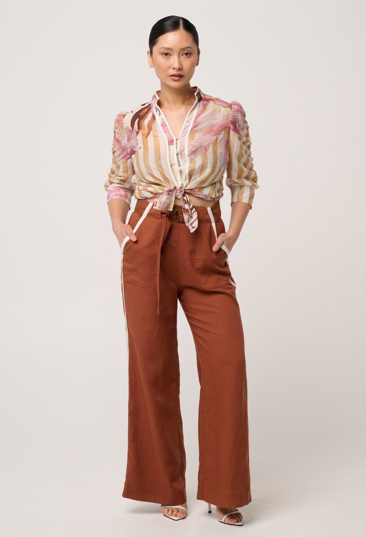 ONCE WAS Petite Grace Tencel Linen Contrast Bind Pant - Caramel PANTS - Zabecca Living