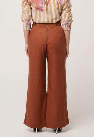 ONCE WAS Petite Grace Tencel Linen Contrast Bind Pant - Caramel PANTS - Zabecca Living