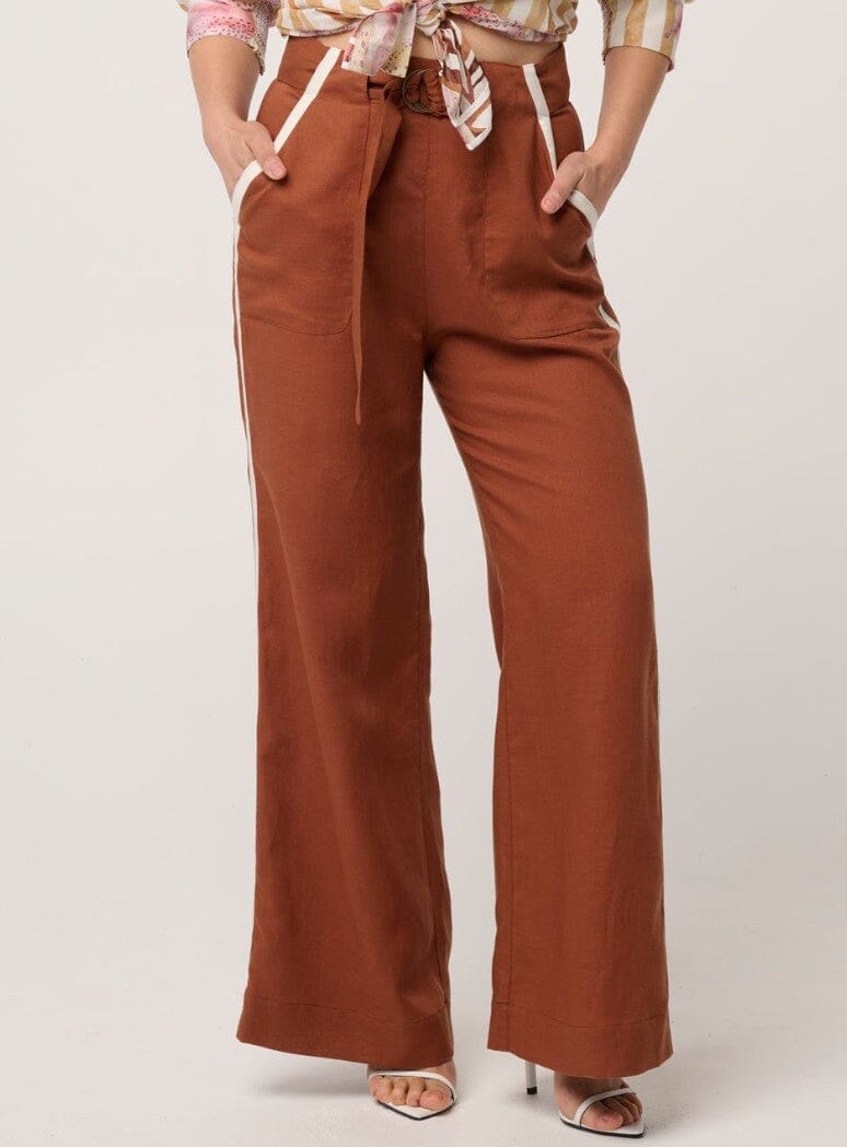 ONCE WAS Petite Grace Tencel Linen Contrast Bind Pant - Caramel PANTS - Zabecca Living