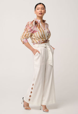 ONCE WAS Petite Kayla Stretch Linen Viscose Embroidery Pant - Ivory PANTS - Zabecca Living